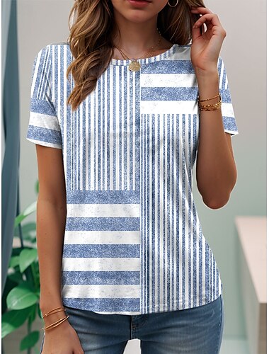  Damen T Shirt Grafik Gestreift Vintage Stilvoll Klassisch Kurzarm Rundhalsausschnitt Normale Oberteile Täglich Wochenende Druck Rosa Blau Purpur Grau Sommer Frühling
