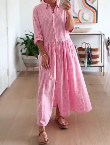  Femmes Robe Midi Robe à carreaux Robe Chemise Classique Moderne Vacances Quotidien Fête Coupe régulière Plaid manche longue Col de chemise Rose Claire Été