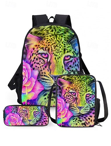  3-teiliges buntes Katzen-Rucksack-Set für Kinder (mit isolierter Lunchtasche und Federmäppchen) – süßer Schulranzen im Cartoon-Stil für Mädchen, Grundschüler und den täglichen Gebrauch, Sheena Pike