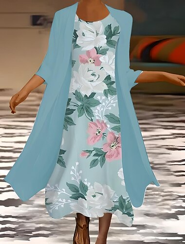  Damen Kleid-Set Sommerkleid Lässig Formell Blumen Grafik Druck Midikleid Dreiviertelarm Rundhalsausschnitt Formell Outdoor Weiß Blau Himmelblau Sommer Frühling Normale Passform