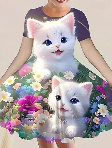  女子 3D 動物 猫 ドレス 半袖 夏 春 バケーション 日常 祝日 プリンセス 美しい 甘い 子供 4〜12年 カジュアルドレス 膝丈 レギュラー