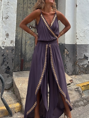  Damen Normal Overall Streetwear Farbblock Ärmellos V Ausschnitt Patchwork Straße Täglich Normale Passform Purpur Sommer