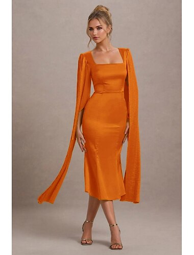  senfgelbes Kleid, Falten-Cape-Kleid, Meerjungfrau/Trompete, Cocktailkleider, elegantes Kleid, formelles Hochzeitsgastkleid, knielang, Midilänge, quadratischer Ausschnitt, Satin 2025