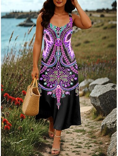  Damen Maxikleid A Linie Kleid Sommerkleid Schulterfreies Kleid Urlaub Lässig Party Date Normale Passform Blumen Grafik Stammes Ärmellos Quadrathals Rosa Purpur Grün Sommer Frühling