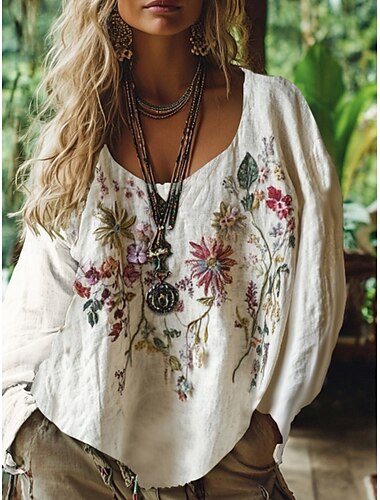  kvinnors westernblus bohemisk skjortblus blomma modern casual långärmad v-ringad normal toppar daglig helgdag utekväll tryck vit rosa blå lila grön sommar höst