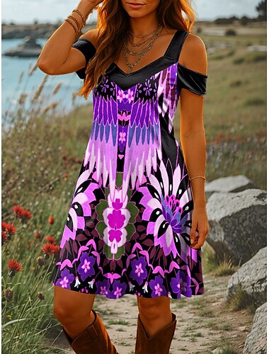  Damen Minikleid A Linie Kleid Sommerkleid Urlaub Lässig Täglich Ferien Normale Passform Grafik Stammes Kurzarm V Ausschnitt Rote Blau Purpur Sommer