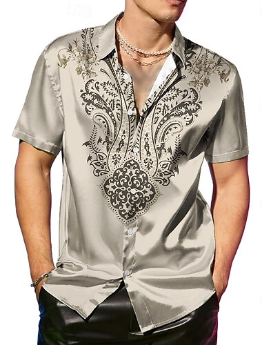  Herren Paisley-Muster Ethnisch Blumen Satinhemd Kleidhemd Knopfhemd Kurzarm Vintage-Retro Urlaub Party-Abendmode Täglich Sommer Frühling Umlegekragen Hemden mit Kragen Knopf hoch 3D-Druck Blau Grün