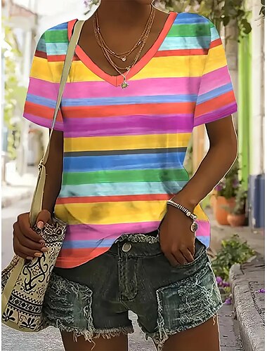  Pentru femei Tricou Topuri de vară Grafic Dungi Clasic Casual Manșon scurt În V Crop Tops Zilnic Sfârșit de săptămână Imprimeu Curcubeu Vară Primăvară Toamnă