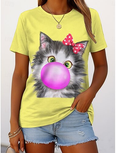  Kayomi Hara Damen T-Shirt Grafik Tier Katze Vintage Stilvoll Casual Kurzarm Rundhalsausschnitt Normal Tops Alltag Wochenenddruck Gelb Gold Grün Sommer Frühling
