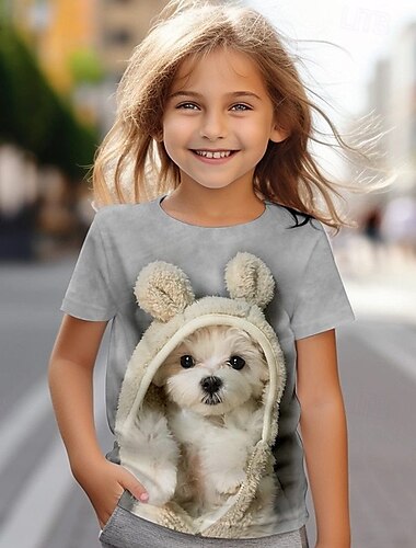  Mädchen 3D Hund T-Shirt Kurzarm Sommer Frühling Mode Basic Kinder 4-12 Jahre Rundhalsausschnitt Outdoor Lässig Täglich Normale Passform