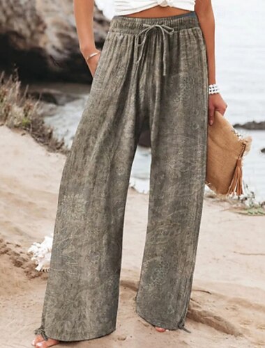  Dam Linneinspirerade byxor Brett skaft Palazzo byxor Mode Boho Fullängd Hög midja Blomma Elastisk midja Andningsfunktion Bekväm Microelastisk Gata Dagliga kläder Utekväll Svart Rubinrött Blå Kaki