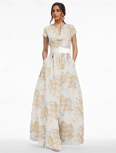  A-Linie Abendkleid Elegant Kleid Formell Hochzeit Bodenlang Kurzarm V Ausschnitt Gürtel / Schärpe Nylon mit Schlitz Tasche 2025
