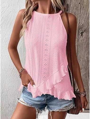  Femmes Débardeur caraco Uni Élégant Occasionnel Sans manches Col ras du cou Hauts Réguliers Quotidien Fête Œillet Noir Blanche Rose Claire Été Printemps