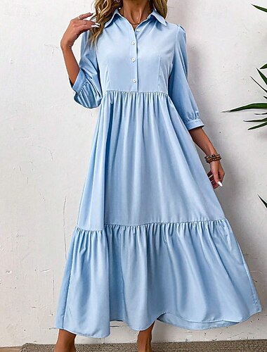  Femmes Robe Midi Robe Chemise Mode Moderne Extérieur Vacances Fête Coupe régulière Uni Manche 3/4 Col de chemise Noir Vert Bleu clair Été