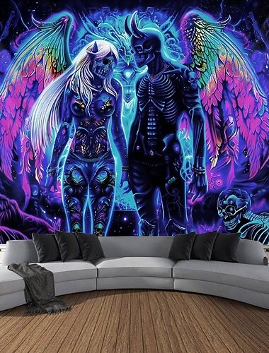 Tapisserie Blacklight Lumineux dans le Noir Fête Lumineuse UV Réactive Démons Psychédélique Brumeuse Tapisserie Suspendue Art Mural pour Salon Chambre