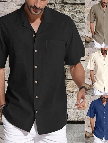  Voor heren Overhemd Linnen overhemd Zomer overhemd Strand Kleding Overhemd met knopen Effen Kleur Vakantie Casual Zwart Marineblauw Groen Khaki Korte mouw Kamp kraag Zomer Lente Kleding