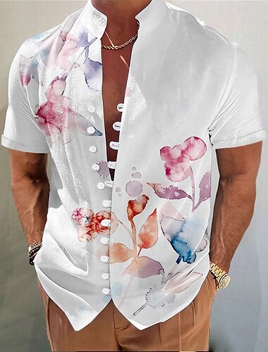  Herren Blumendruck Blumen Sommer Hawaiihemd Alohahemd Stehkragenhemd Kurzarm Hawaiianisch Urlaub Strandbekleidung Sommer Frühling Mandarinkragen 3D-Druck Button-Down-Hemden Rosa Blau Purpur