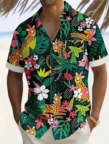  男性用 フラワープリント 熱帯植物 コサージュ アロハシャツ ボタンアップシャツ 半袖 ハワイアン バケーション 祝日 ビーチウェア 夏 折襟 3Dプリント フロントポケット1つ リネンライクシャツ グリーン