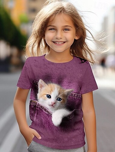  Mädchen 3D Katze T-Shirt Kurzarm Sommer Frühling Mode Basic Kinder 4-12 Jahre Rundhalsausschnitt Outdoor Lässig Täglich Normale Passform