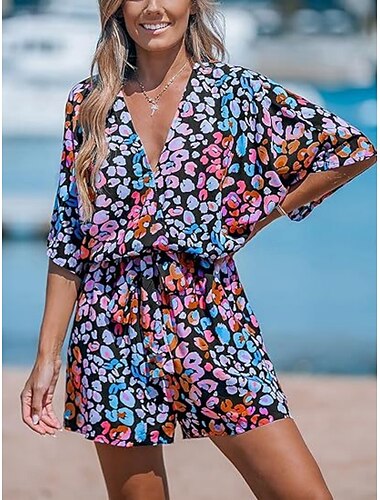  Damen Normal Strampler Aktiv Geometrisch Dreiviertelarm V Ausschnitt Druck Urlaub Täglich Normale Passform Rosa Blau Purpur Sommer