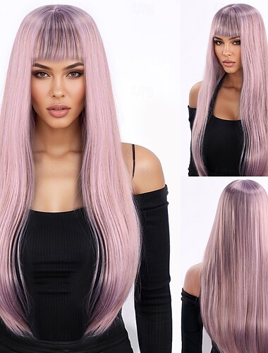  Synthetic Wig Wavy Deep Wave Neat Bang With Bangs Machine Made Wig 26 inch A1 Synthetic Hair Women's Classic Comfortable Color Gradient Pink