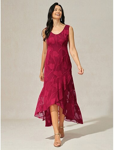  Damen Maxikleid Rüschenkleid Elegant Hochzeit Hochzeitsgast Abendgesellschaft Normale Passform Blumen Ärmellos U-Ausschnitt Rote Sommer Frühling