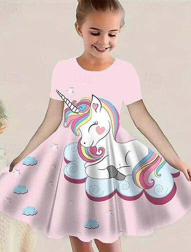  Tyttöjen 3D Yksisarvinen Mekko Lyhythihainen Kesä Kevät Loma Päivittäin Pyhäpäivä Prinsessa Kaunis Makea Lapset 4-12 vuotta Rento mekko Polvipituinen Normaali