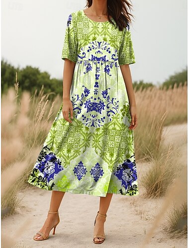  Damen Midikleid Sommerkleid Faltenkleid Urlaub Täglich Ferien Lässiger Schnitt Grafik Stammes Halbarm Rundhalsausschnitt Gelb Blau Purpur Grün Sommer