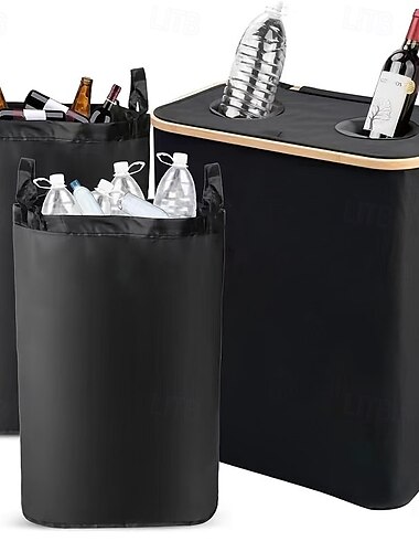  Poubelle de recyclage à double trou en tissu Oxford, panier à linge à cadre en bambou de 140 l avec couvercle et 2 sacs intérieurs en polyester, poubelle d'intérieur pliable et conteneur de recyclage
