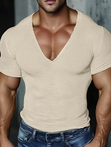  Herren T Shirt Strick-T-Shirt T-Shirt Kurzarm V Ausschnitt Sommer Einfarbig Mode Designer Basic Gestrickt Urlaub Straße Lässig Gelb Beige Hellblau Top T-Shirt für Herren
