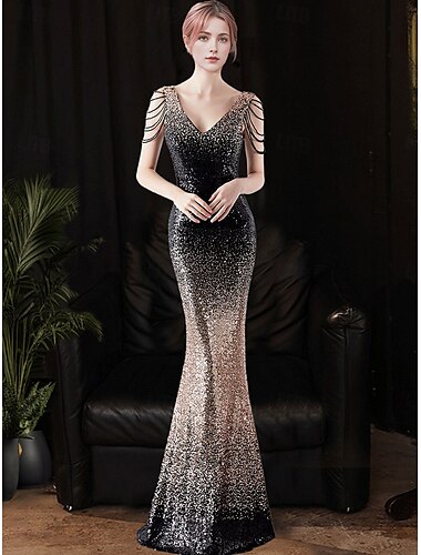  Meerjungfrauenschnitt Quinceanera-Kleider Elegant Kleid Formell Hochzeit Bodenlang Ärmellos V Ausschnitt Polyester mit Paillette 2025