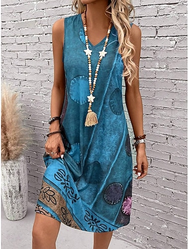  Dames Mini-jurk Zonnejurk A lijn jurk Zomerjurk Vakantie Casual Boho Normale pasvorm Grafisch Geometrisch Kleurenblok Mouwloos U-hals Donker Rood blauw Zomer Lente