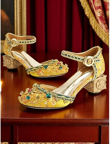  Talons blocs en brocart pour femmes - style royal doré inspiré du vintage Gatsby des années 1920 avec embellissements en gemmes pour des occasions formelles théâtrales et de déguisement