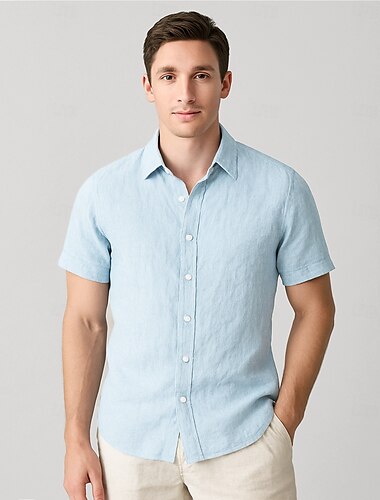  Heren 100% linnen overhemd lichtblauw lichtgeel wit lichtgroen marineblauw lichtgrijs korte mouw effen overhemd kraag school formeel knopen kleding elegant vakantie vintage tropisch
