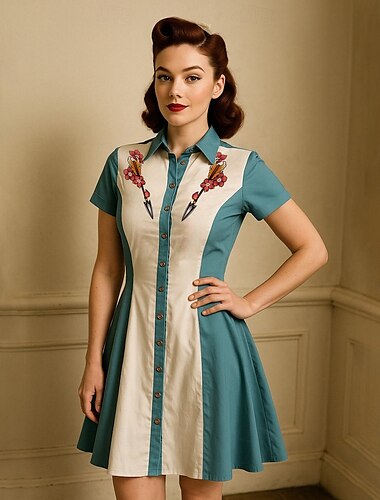  Retro Vintage Anos 50 Mini Um vestido de linha Vestido camisa vaqueira Botão para baixo Impressão 3D Mulheres Baile de Máscaras Férias Casual Festa de Chá Adulto Vestido Verão