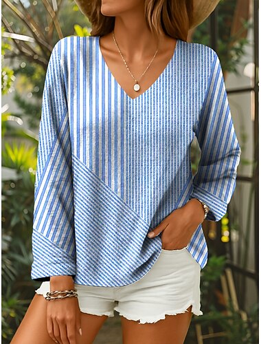  Damen Bluse Grafik Geometrisch Gestreift Elegant Tropisch Täglich Langarm Dreiviertelarm V Ausschnitt Normale Oberteile Täglich Rosa Blau Purpur Grün Sommer Frühling