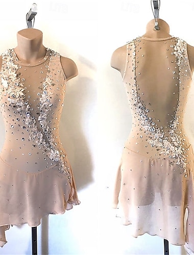  Eiskunstlaufkleid Damen Mädchen Eislaufen Kleid Champagner Patchwork Offener Rücken Netzstoff Hohe Elastizität Training Wettbewerb Eiskunstlaufkleidung Klassisch Kristall / Strass Ärmellos Eislaufen