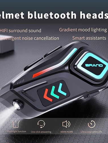  Bluetooth-гарнитура для шлема со светодиодной подсветкой, водонепроницаемость IPX8, звук HD, голосовой помощник, длительное время работы от батареи, возможность съемного крепления — совместима с полноразмерными и полушлемами