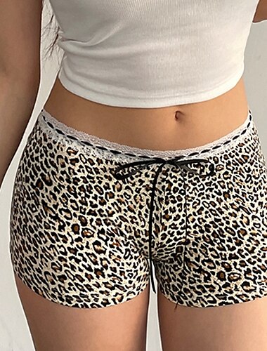  Shorts chino pour femmes vacances vintage streetwear taille haute courte impression de dentelle léopard confort doux confortable micro-élastique extérieure rue marron été coupe régulière
