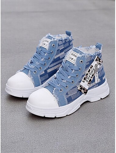  Baskets montantes à plateforme en denim pour femmes avec détails léopard – Chaussures à lacets style urbain décontracté pour adolescentes et jeunes adultes