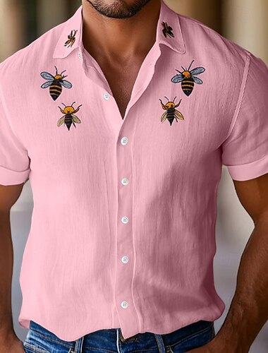  Herren Leinenhemd Sommerhemd Strandbekleidung Knopfhemd Biene Urlaub Ferien Weiß Rosa Blau Kurzarm Umlegekragen Sommer Frühling Bekleidung