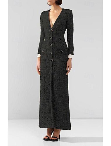  Pailletten Tweed Tuxedo-Kleid Schmal  Säule Brautmutter Kleid Kragenlos Blazer-Kleid Elegant Einfach Minimalistisch Tiefes Dekolleté Bodenlange Lange Ärmel mit Kristallknöpfen 2025