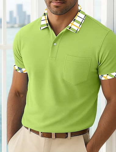  Herr Golftröja Piképikétröjor Företag Ledigt Klassisk Kortärmad Mode Grundläggande Ensfärgat Rutig Knappar Sommar Vår Vår & Höst Normal Vit Gul Marinblå Grön Golftröja