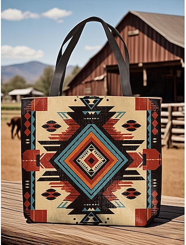  Grand sac fourre-tout imprimé pour femme avec poche zippée, motif tribal bohème, sac à bandoulière en polyester durable pour les voyages, le shopping et l'utilisation quotidienne