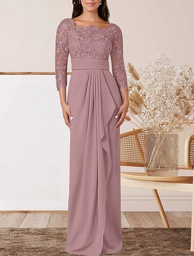 Schlauchkleid Brautmutterkleid Hochzeitsgast Elegant Quadrathals Bodenlang Chiffon Spitze Dreiviertelarm mit Spitze Schärpe / Band Falten 2025