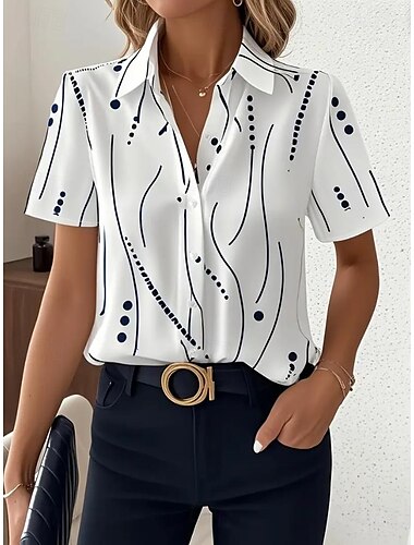  Femmes Chemise Graphique Géométrique Quotidien Occasionnel Manche Courte Col de chemise Hauts Réguliers Quotidien Blanche Été Printemps