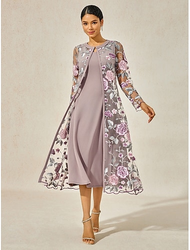  Dames Halflange jurk Cocktail jurk Jurk Set Bruiloft gast jurk A lijn jurk Elegant Formeel Bruiloft Feest Bloemig Lange mouw Strakke ronde hals Grijs roze