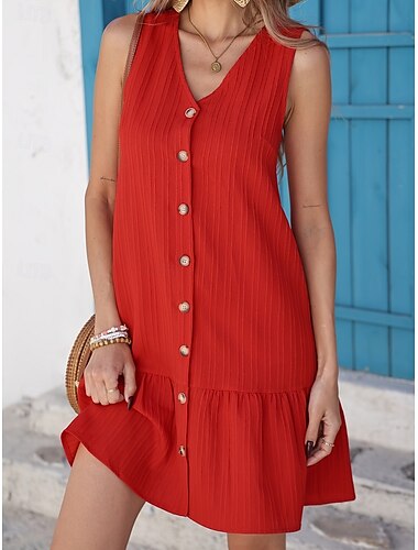  Damen Mini Kleid Sommer Kleid Einfarbig Lässig Täglich Regulär Passform Einfach Ärmellos V-Ausschnitt Schwarz Rot Sommer