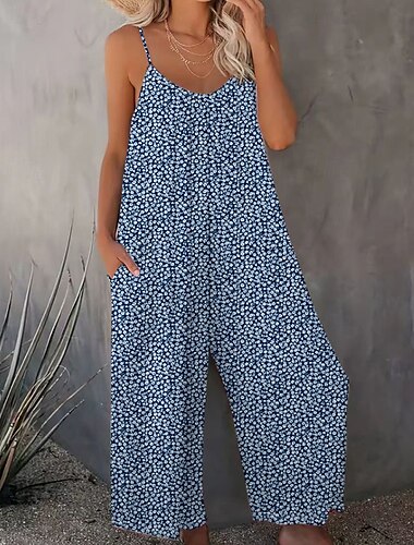  Női Szabályos Jumpsuitek Utcai sikk Virágos Ujjatlan Terített nyak Nyomtatott Utca Napi Normál Fekete Sötétkék Medence Nyár