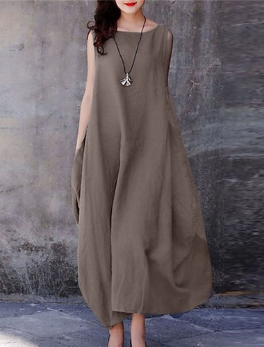  Femmes Violet Marron Bleu de minuit Été Printemps Robe maxi Robes en coton et lin Robe Décontractée Robe en coton et lin Basique Occasionnel Mature Extérieur Vacances Quotidien Coupe Ample Couleur